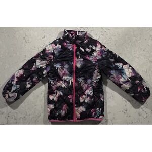 Gerry Puffer Jacket Girls Small 7/8 Black Pink Floral Quilted Insulated Coat